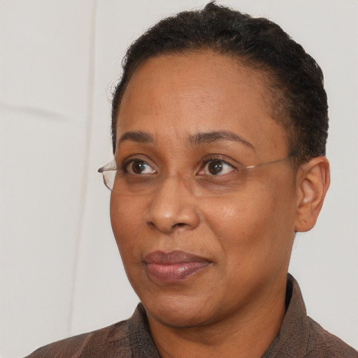 Neutral black adult female with short  brown hair and brown eyes