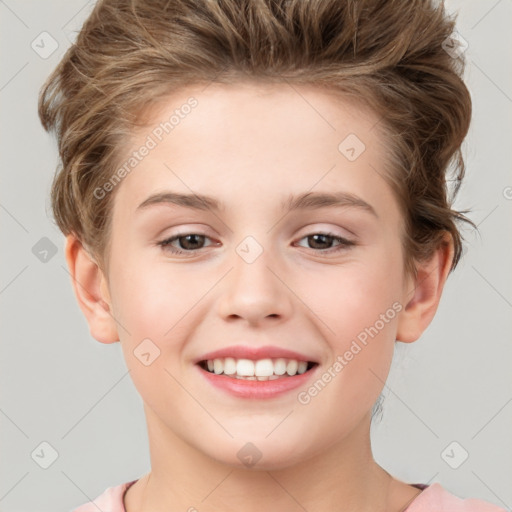 Joyful white child female with short  brown hair and brown eyes