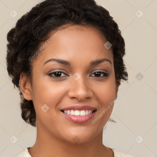 Joyful latino young-adult female with short  brown hair and brown eyes