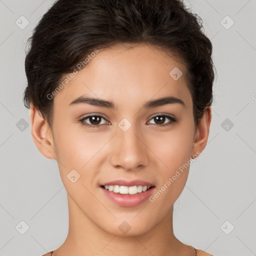 Joyful white young-adult female with short  brown hair and brown eyes