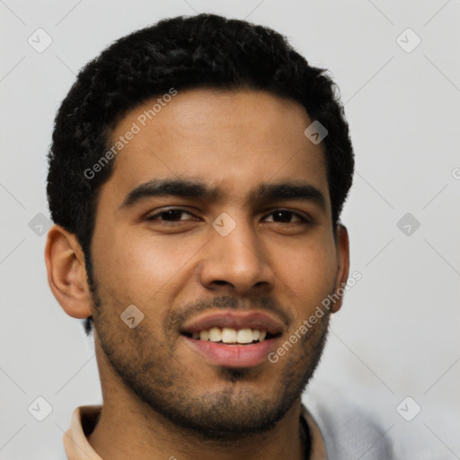 Joyful latino young-adult male with short  black hair and brown eyes