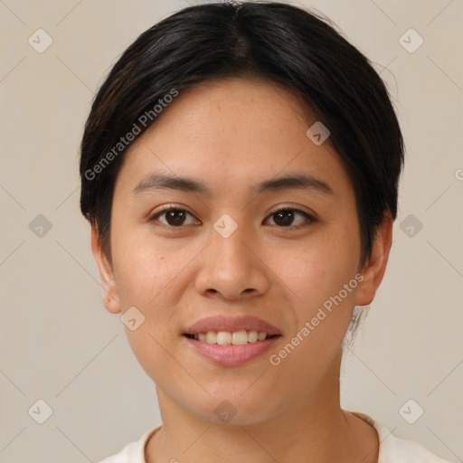 Joyful white young-adult female with short  brown hair and brown eyes