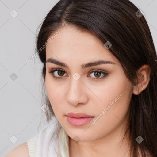 Neutral white young-adult female with long  brown hair and brown eyes