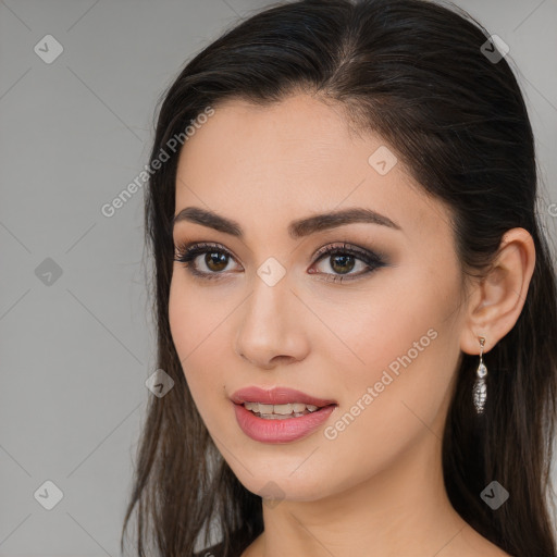 Joyful white young-adult female with long  brown hair and brown eyes