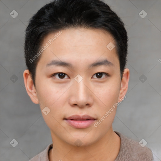 Neutral asian young-adult male with short  brown hair and brown eyes