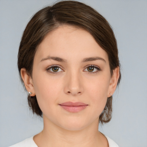 Neutral white young-adult female with medium  brown hair and brown eyes