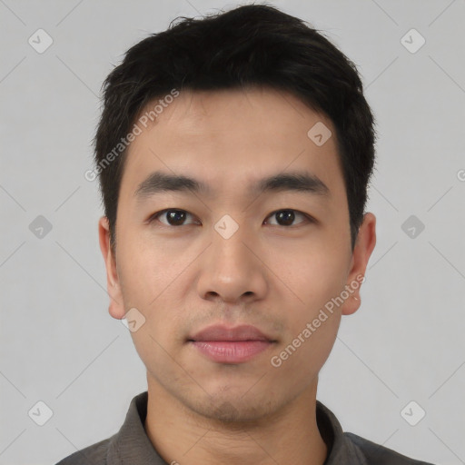 Neutral asian young-adult male with short  black hair and brown eyes