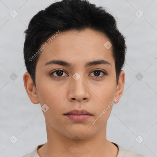 Neutral asian young-adult female with short  black hair and brown eyes