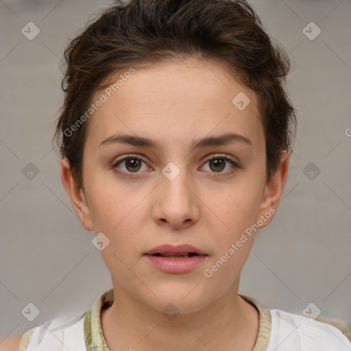 Neutral white young-adult female with short  brown hair and brown eyes