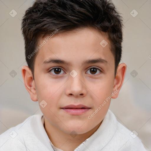 Joyful white child male with short  brown hair and brown eyes