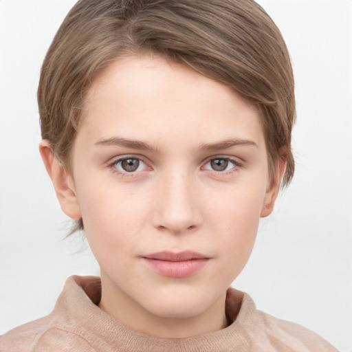 Neutral white young-adult female with short  brown hair and grey eyes