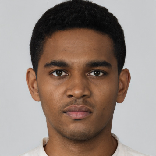Neutral black young-adult male with short  black hair and brown eyes