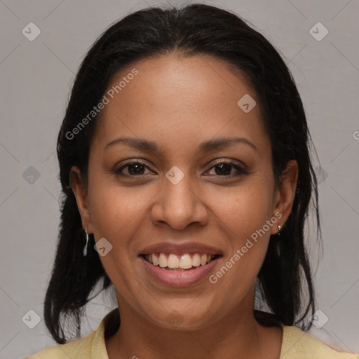 Joyful latino young-adult female with medium  brown hair and brown eyes