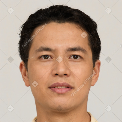 Neutral asian young-adult male with short  brown hair and brown eyes