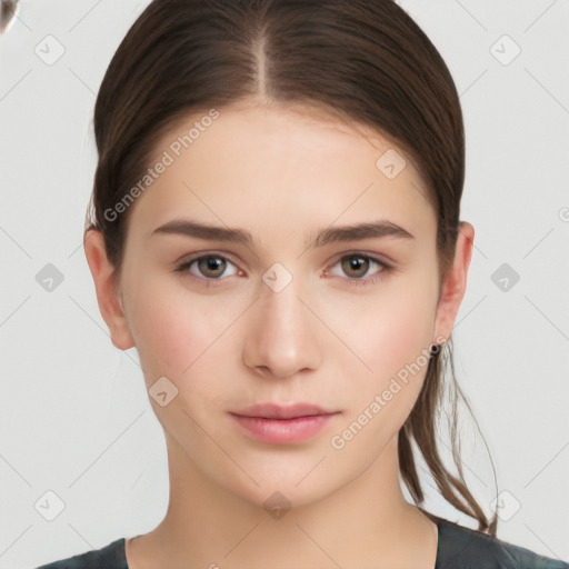 Neutral white young-adult female with medium  brown hair and brown eyes