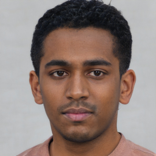 Neutral black young-adult male with short  black hair and brown eyes
