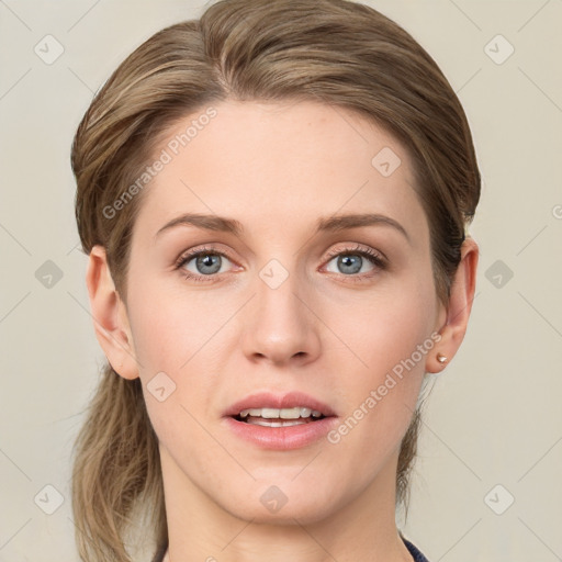 Joyful white young-adult female with medium  brown hair and blue eyes