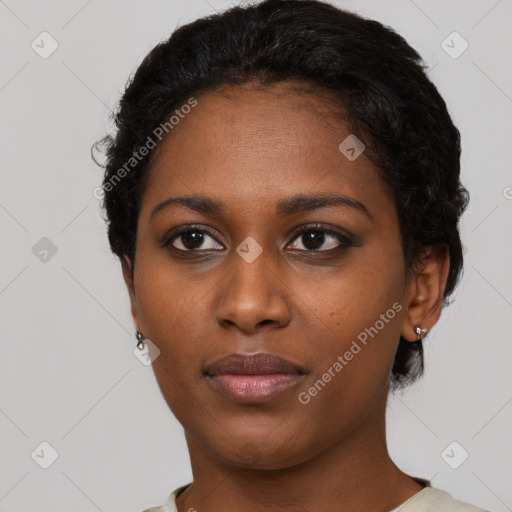 Neutral black young-adult female with short  black hair and brown eyes