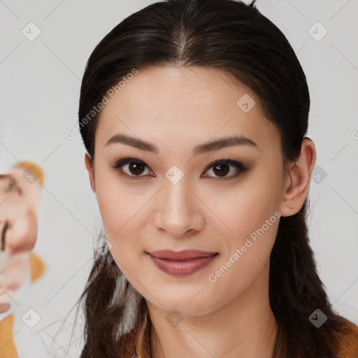 Joyful white young-adult female with long  brown hair and brown eyes