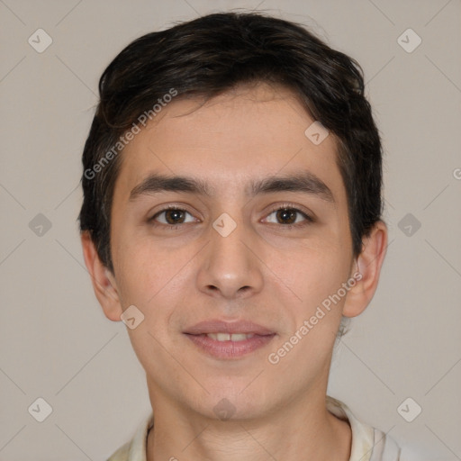 Joyful white young-adult male with short  brown hair and brown eyes