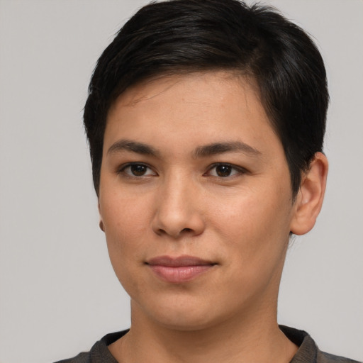 Neutral white young-adult female with short  black hair and brown eyes