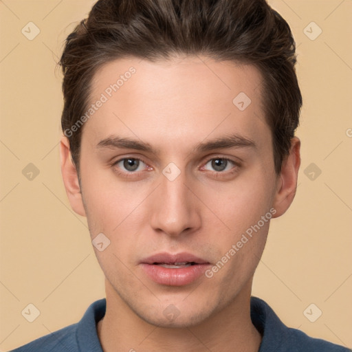 Neutral white young-adult male with short  brown hair and brown eyes