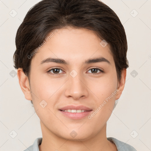 Joyful white young-adult female with short  brown hair and brown eyes