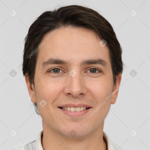 Joyful white young-adult male with short  brown hair and brown eyes