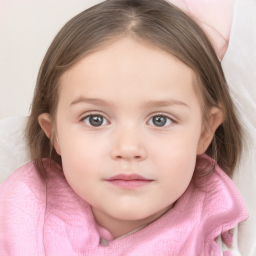 Joyful white child female with medium  brown hair and blue eyes