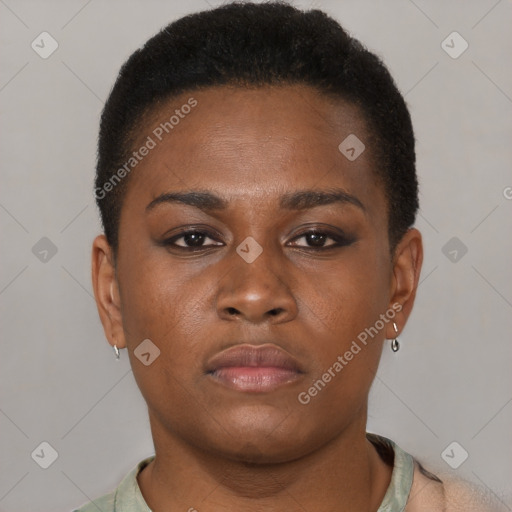 Neutral black young-adult female with short  brown hair and brown eyes
