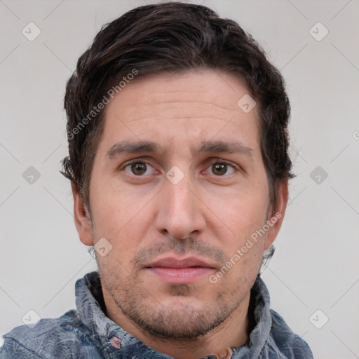 Neutral white adult male with short  brown hair and brown eyes