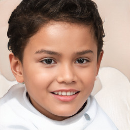 Joyful white child female with short  brown hair and brown eyes