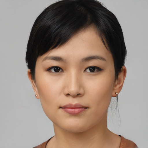 Neutral asian young-adult female with short  black hair and brown eyes