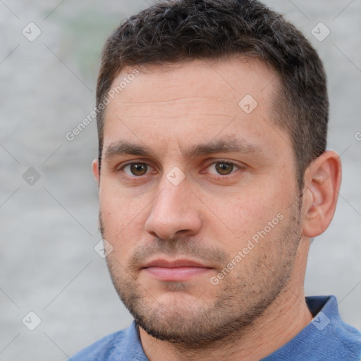 Neutral white young-adult male with short  brown hair and brown eyes