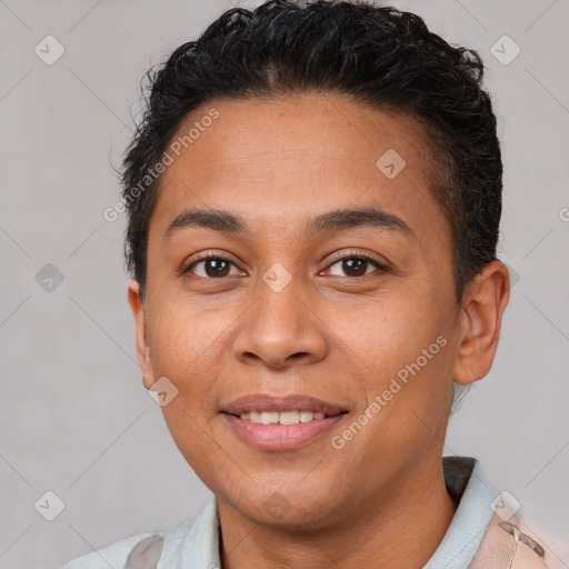 Joyful white young-adult female with short  brown hair and brown eyes