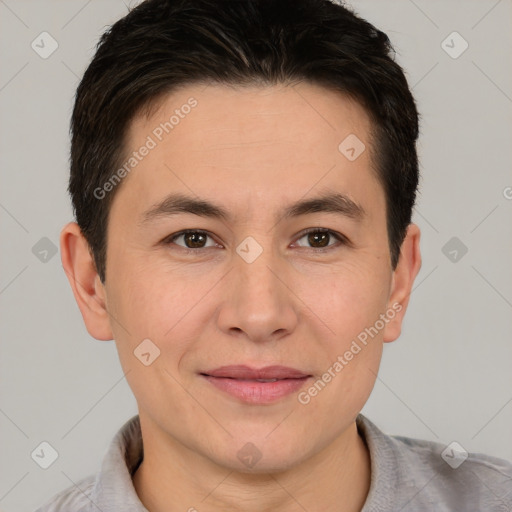 Joyful white adult male with short  brown hair and brown eyes