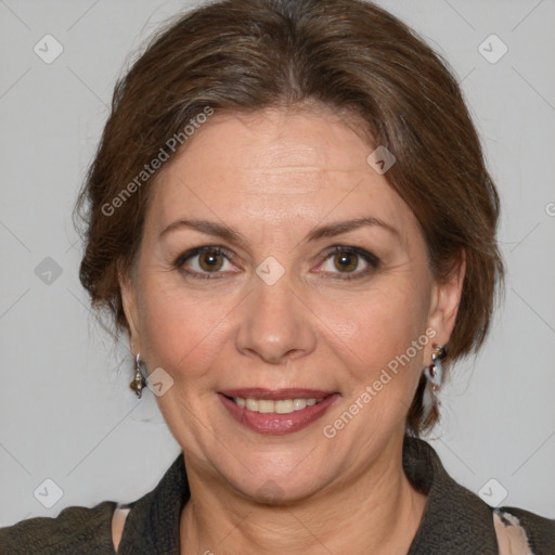 Joyful white adult female with medium  brown hair and brown eyes