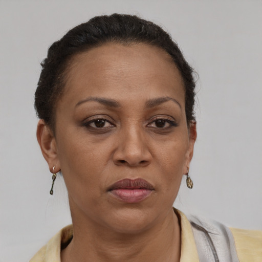 Neutral latino adult female with short  brown hair and brown eyes