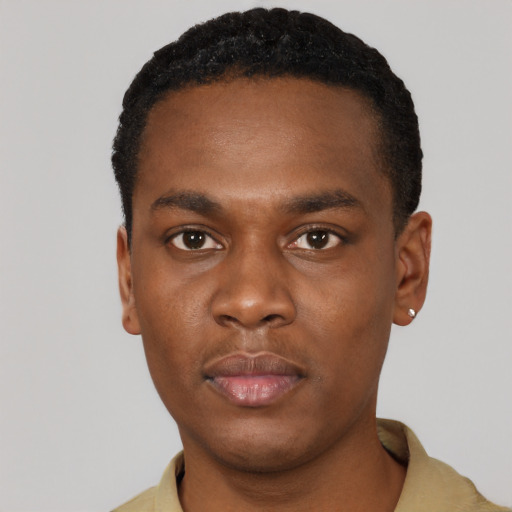 Neutral black young-adult male with short  black hair and brown eyes
