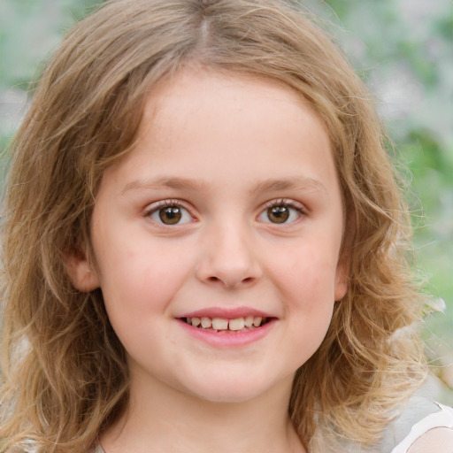 Joyful white child female with medium  brown hair and brown eyes