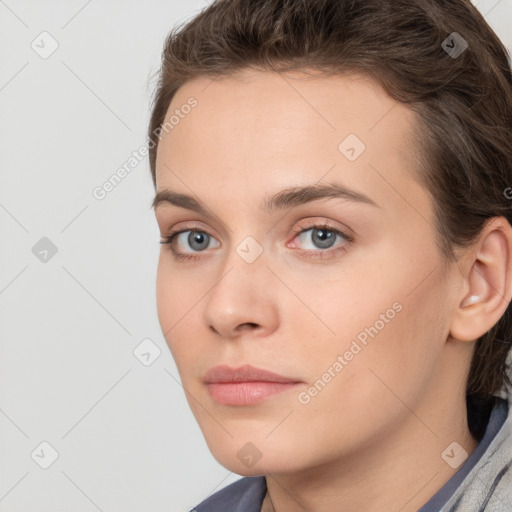 Neutral white young-adult female with short  brown hair and brown eyes