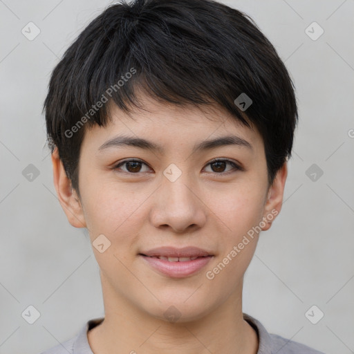 Joyful asian young-adult female with short  brown hair and brown eyes