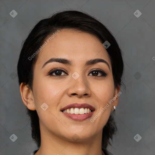 Joyful white young-adult female with medium  black hair and brown eyes