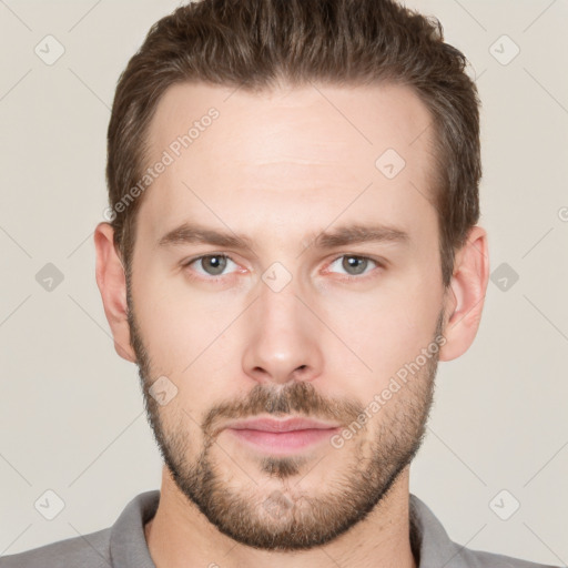 Neutral white young-adult male with short  brown hair and brown eyes