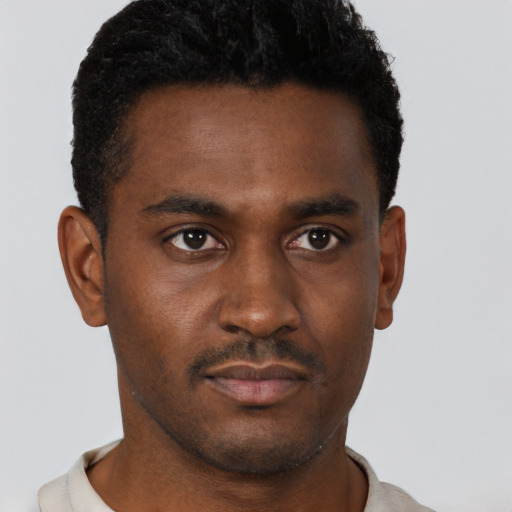 Neutral black young-adult male with short  black hair and brown eyes
