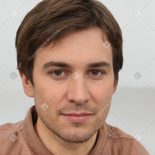 Neutral white young-adult male with short  brown hair and brown eyes