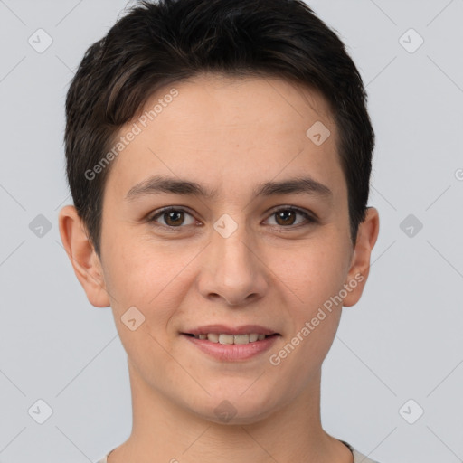 Joyful white young-adult female with short  brown hair and brown eyes