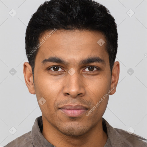 Neutral latino young-adult male with short  black hair and brown eyes