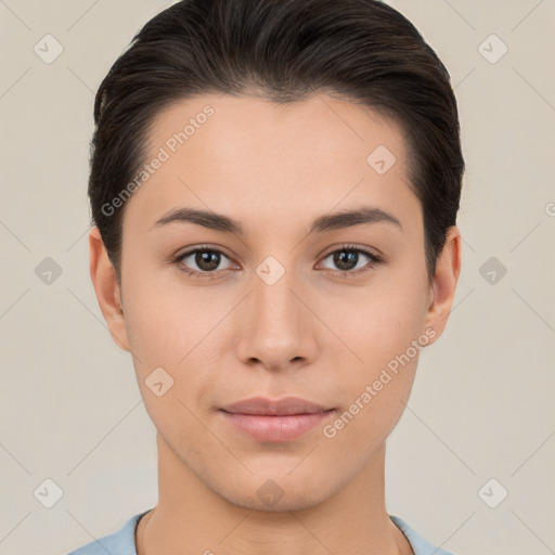 Neutral white young-adult female with short  brown hair and brown eyes