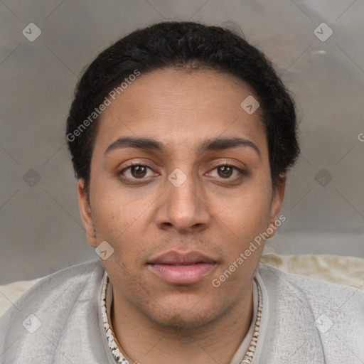 Neutral white young-adult female with short  brown hair and brown eyes